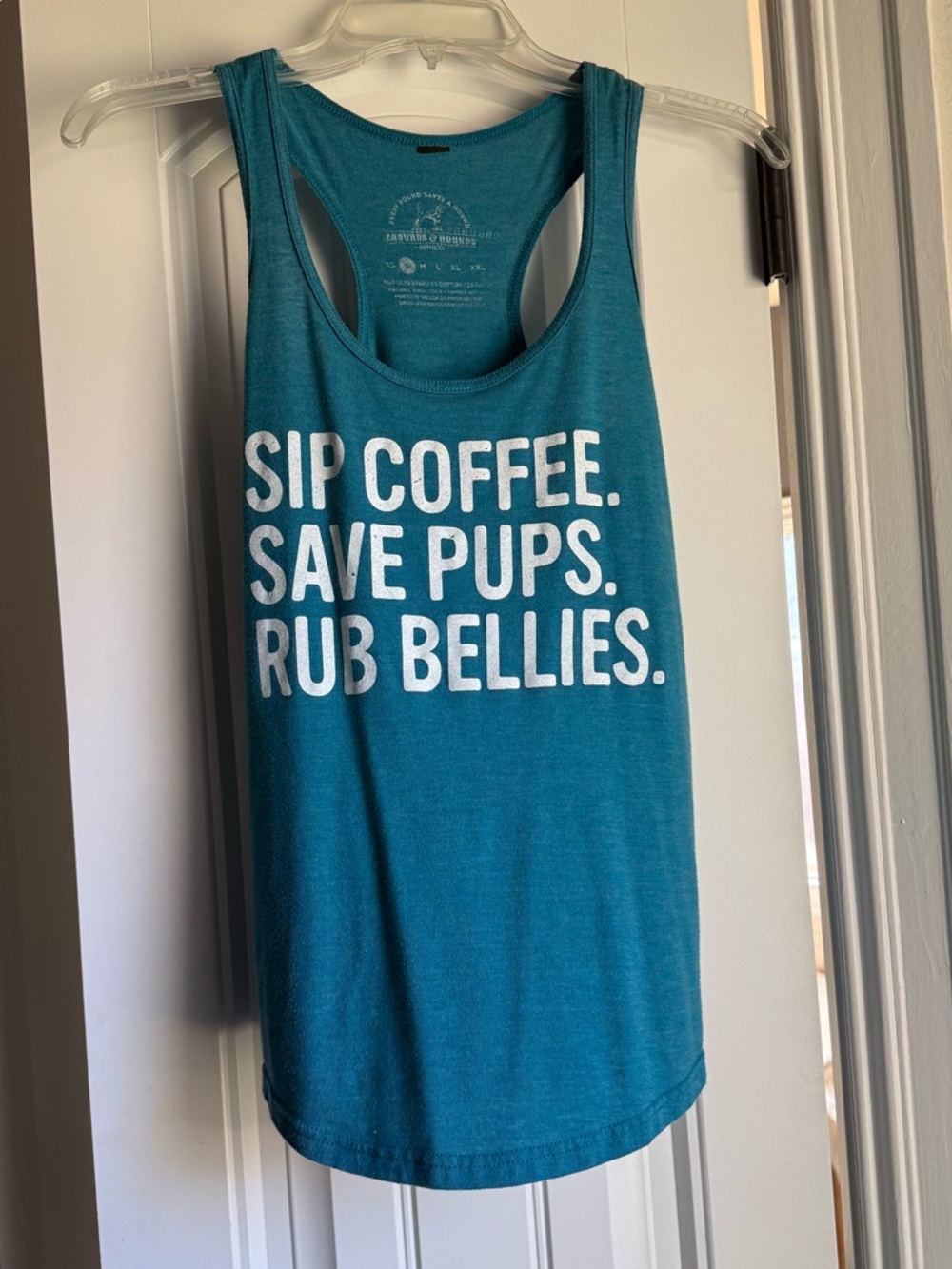 Grounds & Hounds Coffee Pups Dog Rescue Blue Tank Top - Womens Small